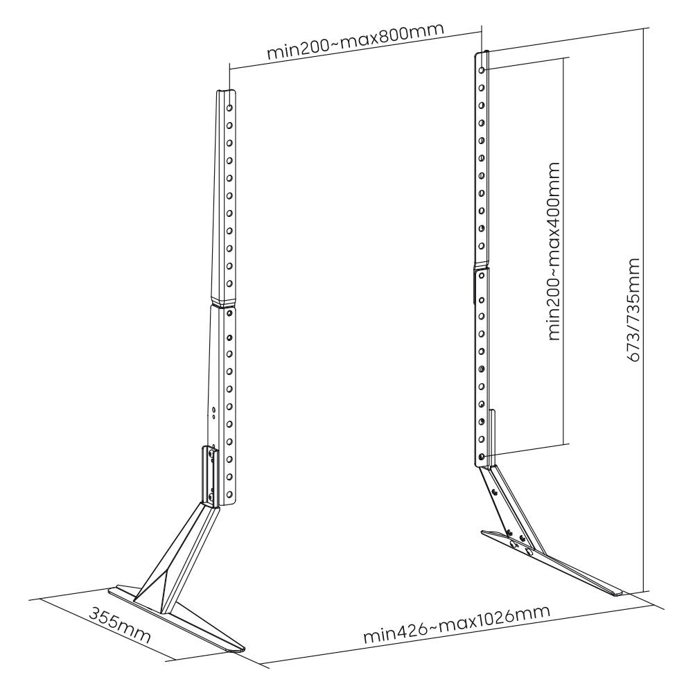 Sketch of an adjustable stand with height and width dimensions in millimetres: Height 673 to 735, Width 355 to 426 mm.
