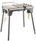 Portable workbench with metal frame, wooden surface and tool holders, suitable for DIY projects. Brand logo 'wolfcraft'.