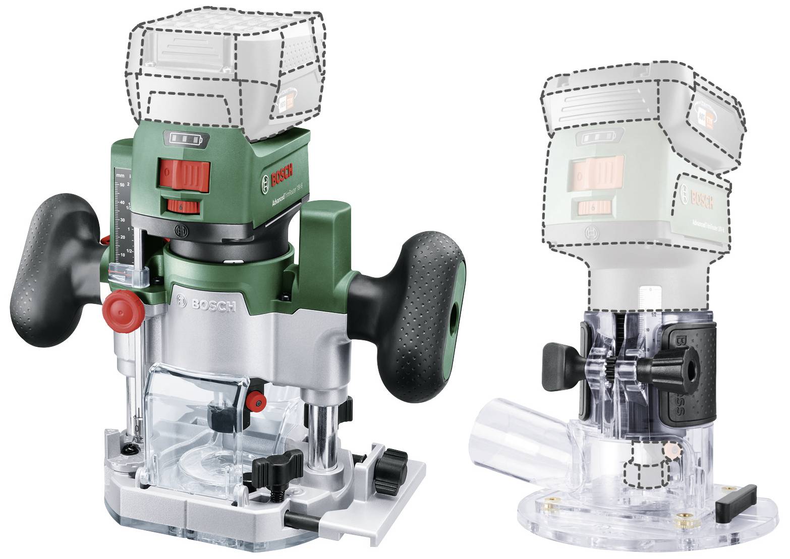 Two electric routers with ergonomic handles and transparent bases, supporting precision in woodworking.