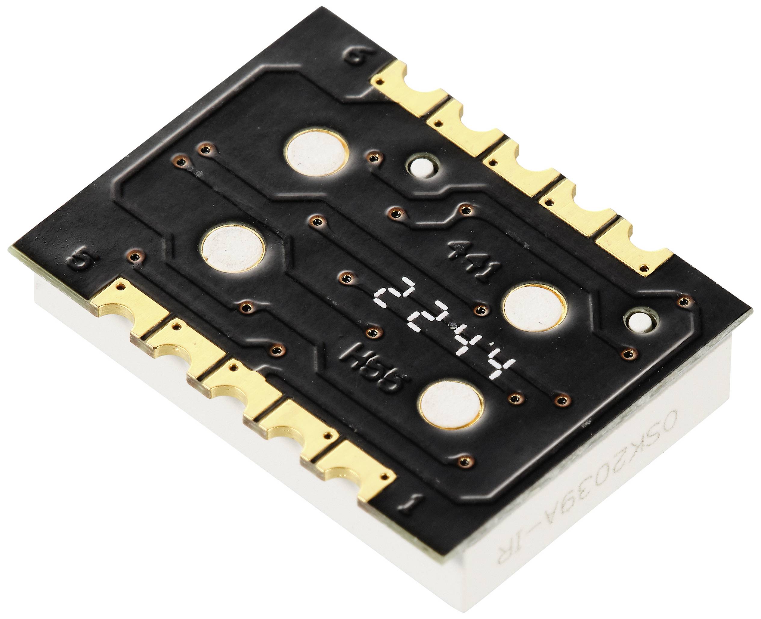 Integrated electronic circuit with gold-coloured contacts on a black surface, potentially for technical applications.