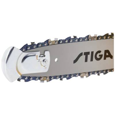 Stiga chainsaw with chain and bar, showing the sharpness and construction of the metal saw chain.