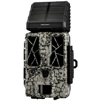A camouflaged wildlife camera with a solar panel on top. The camera has a modern design and is suitable for outdoor use.