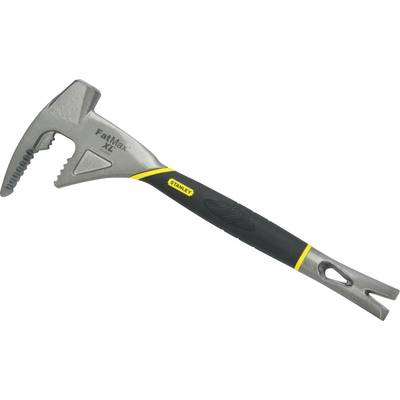 A grey multi-functional lever with a black handle and yellow accents, suitable for lifting, pulling, and cutting in construction work.