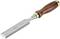 Wood chisel with a wooden handle and a sharp metal blade, suitable for woodworking. 'STANLEY' marking on the blade.