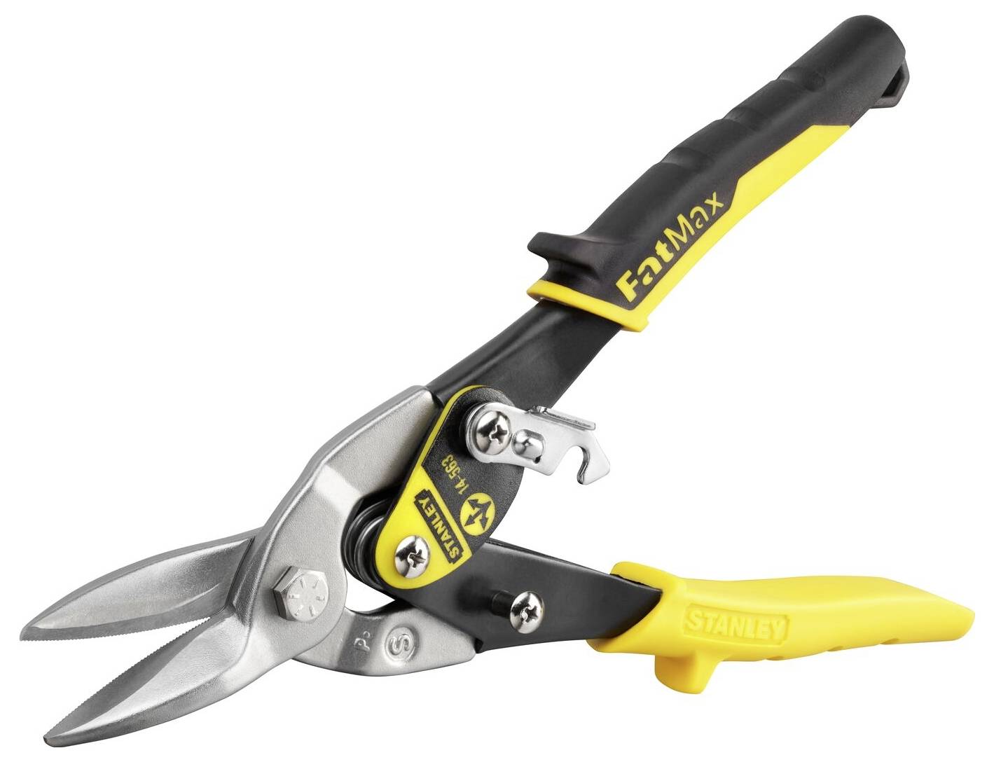 A yellow and black metal and plastic tin snips, suitable for precision cutting of thin metal sheets.