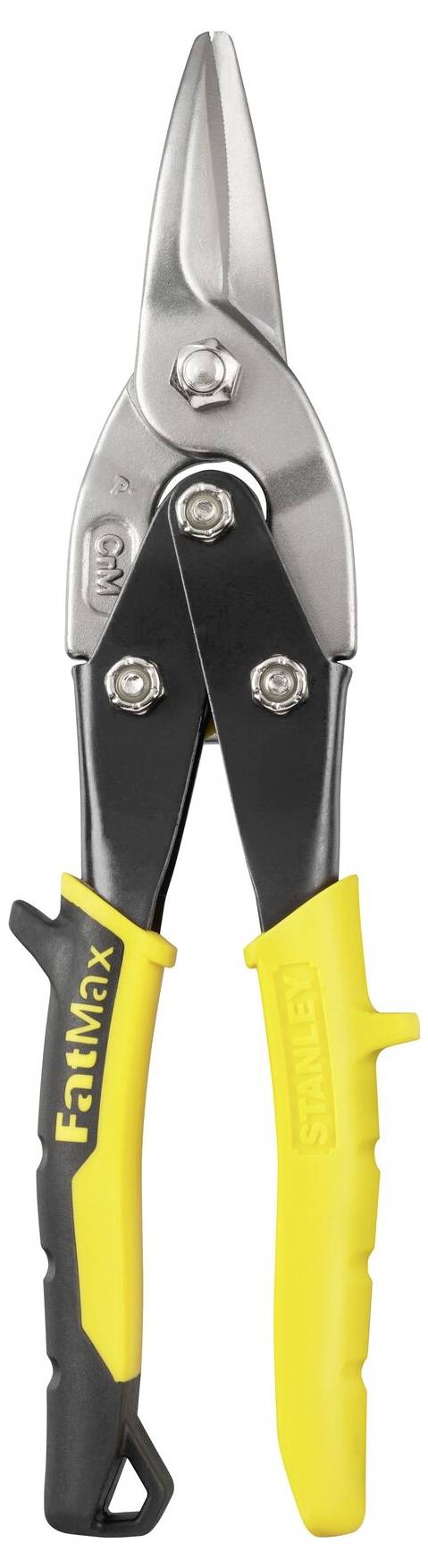 A yellow and black metal scissors with silver blades and an ergonomic handle.