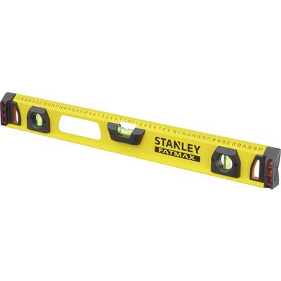 Spirit level with yellow casing and brand print 'Stanley Fatmax'. Contains vials for horizontal and vertical alignment.
