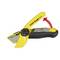 A yellow Stanley FatMax utility knife with a black handle and an exposed blade holder. An arrow indicates the blade extension movement.