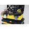 Yellow toolbox with closed upper level, containing tape measure, hammer and gloves. Stackable for easy storage.