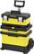 Yellow tool case on wheels with a black handle, comprising three stackable boxes secured with metal latches.