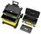 Yellow and black modular tool box with wheels, opened and dismantled into three parts. Contains compartments for various tools.