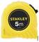 A yellow Stanley tape measure, 5 metres long, with black and yellow markings on the front.
