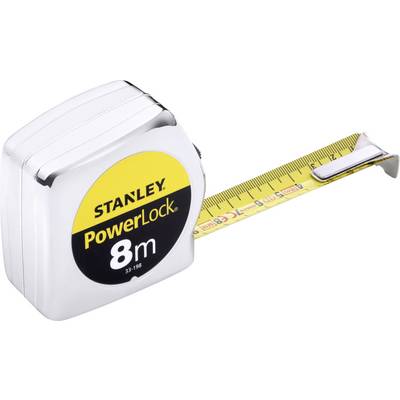 A measuring tape with the inscription 'STANLEY PowerLock 8m', partially extended and made of metal.