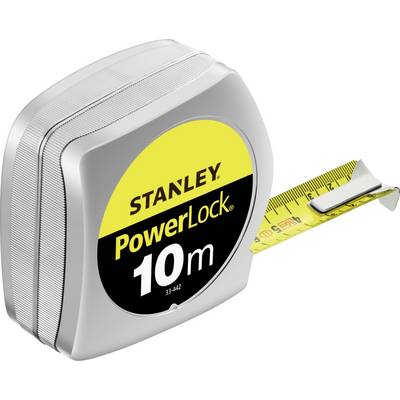 A silver, square tape measure with a yellow 'Stanley PowerLock 10 m' label, showing an extended yellow tape section.