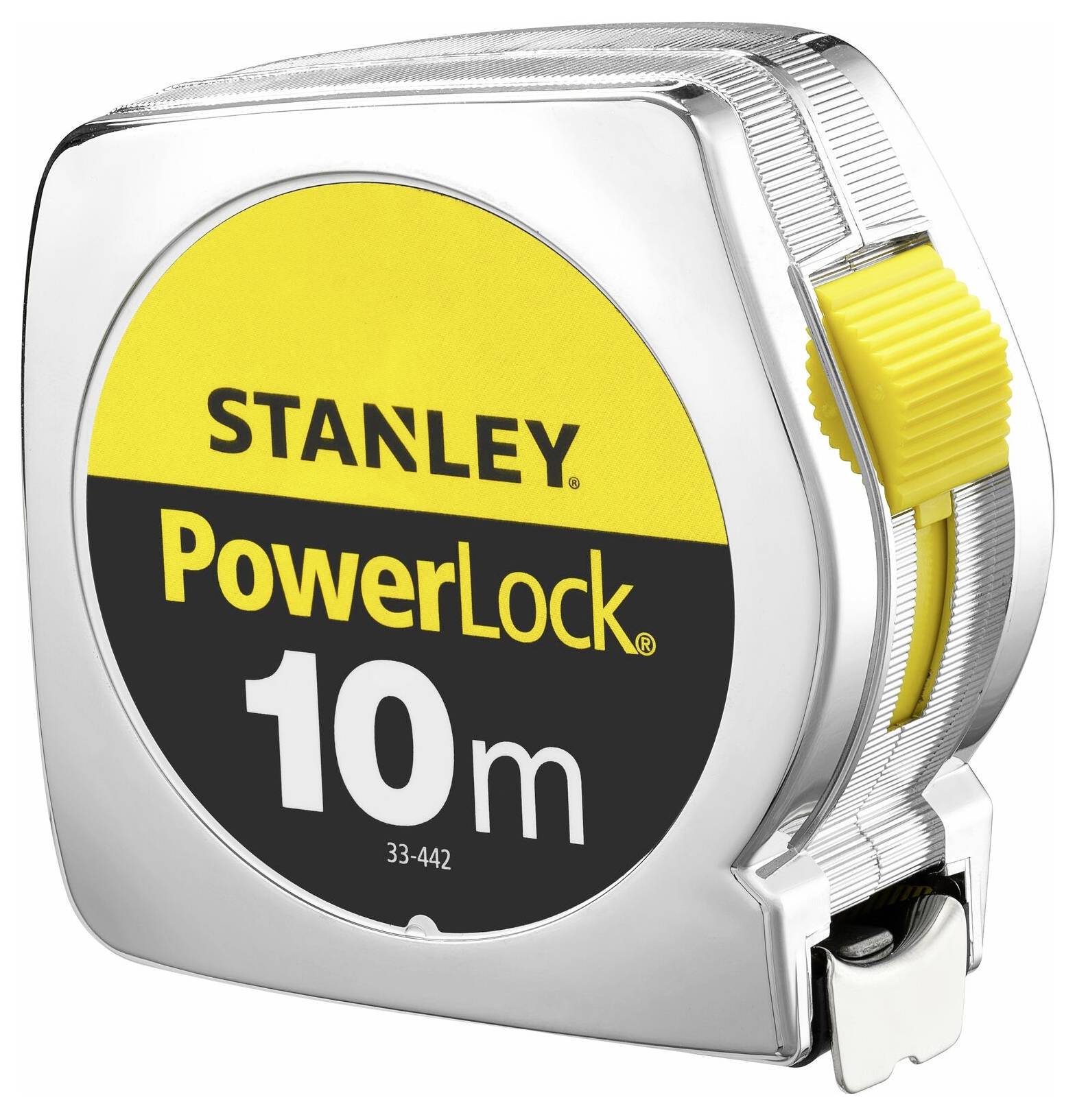 A Stanley PowerLock metal tape measure shows a maximum length of 10 metres. The casing is silver with yellow and black accents.