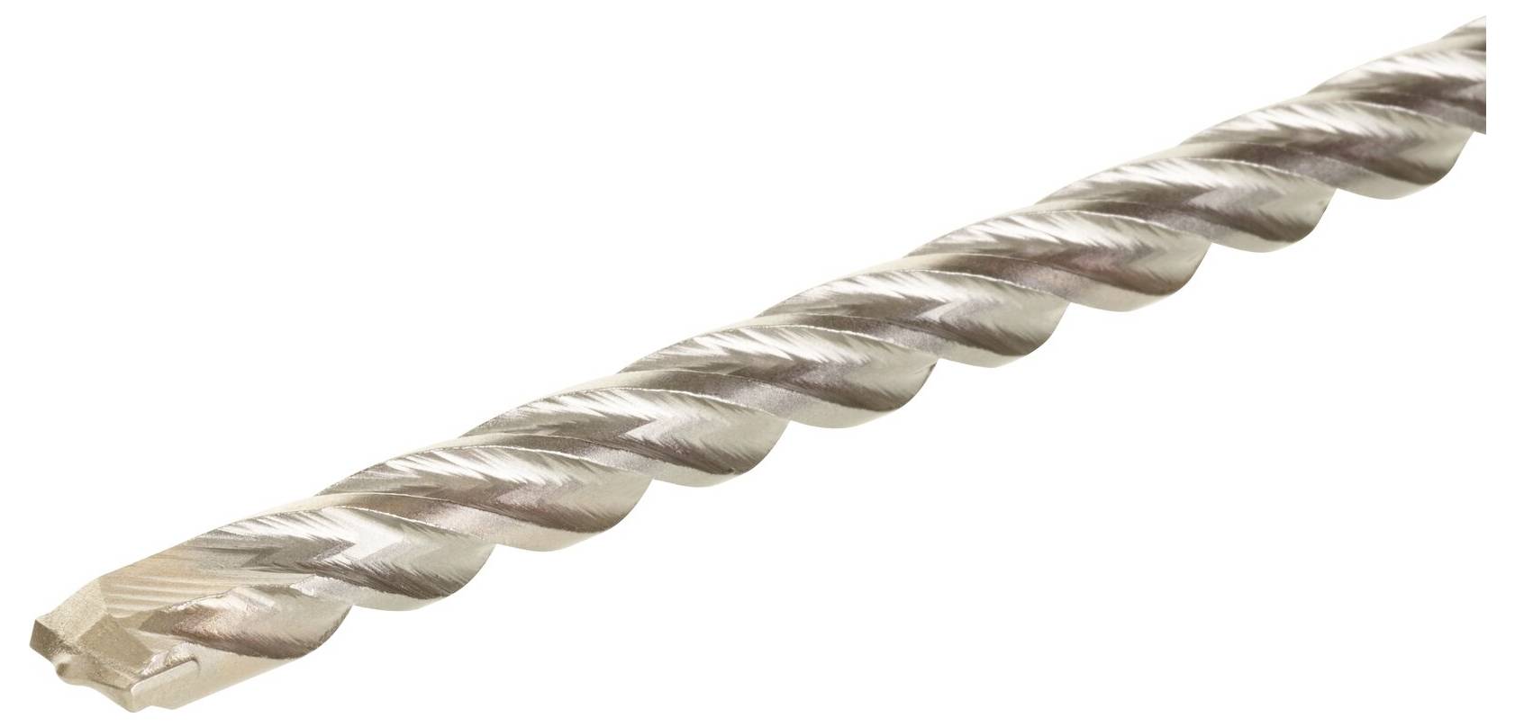 A silver metal drill bit with spiral grooves.
