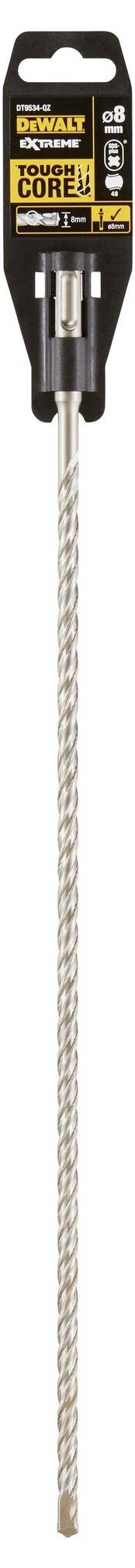 A long drill bit with a black handle, labelled 'DeWALT Extreme'. Spiral design and suitable for use in drilling machines.