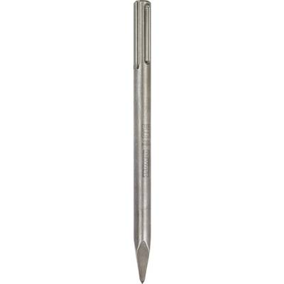 Silver chisel with a tapered point and grooved head, primarily manufactured from metal. Suitable for construction work.