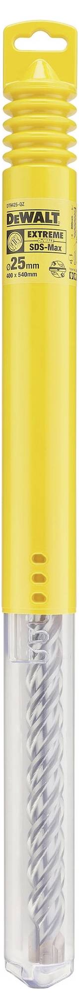 Yellow DEWALT drill in a plastic packaging with a spiral metal drill bit inside, suitable for concrete work.