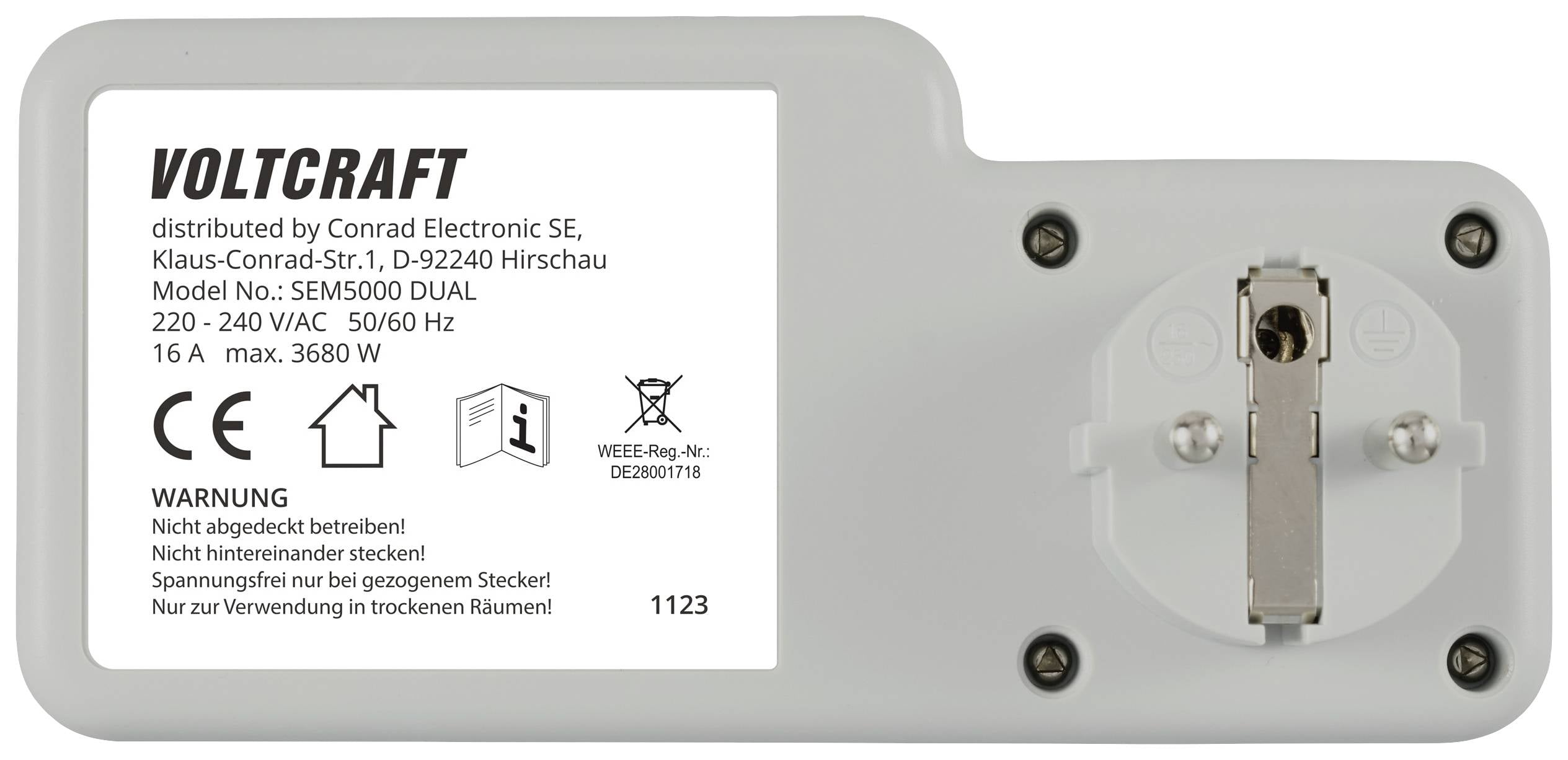 Back of an electrical device with the inscription 'VOLTCRAFT', model number SEM5000 DUAL, technical specifications and warning notice.