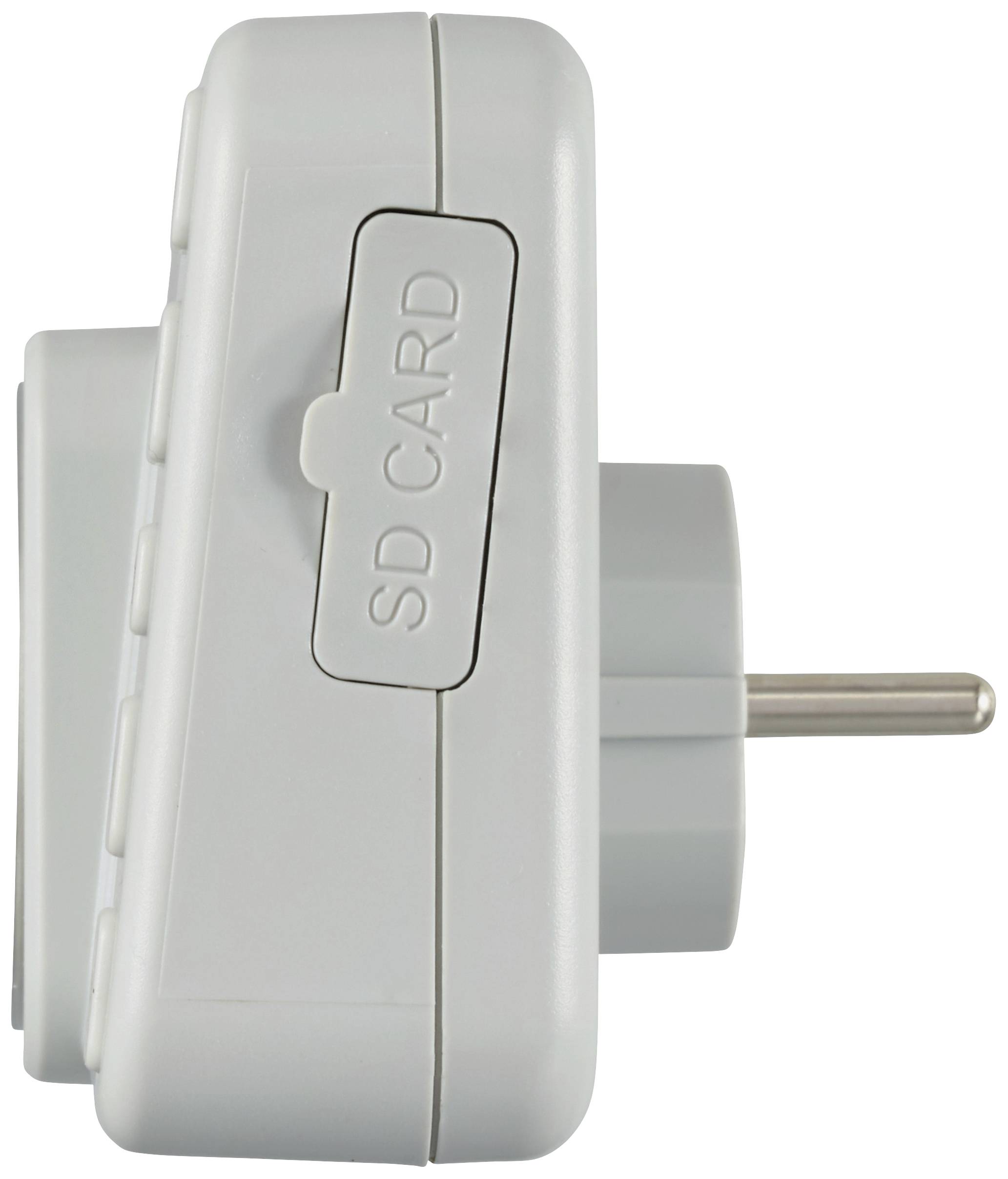 Side view of a white plug-in device with an SD card slot. This shows how the device is plugged into a socket.