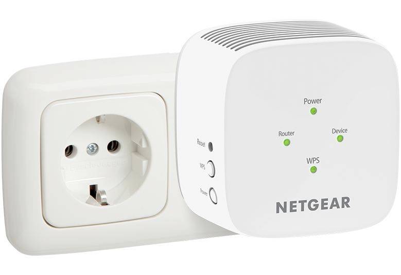 Netgear network repeater in a power socket with LED indicators for power, router, device, and WPS on the front.