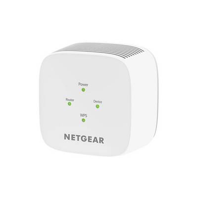 A white Netgear Wi-Fi repeater with green LED indicators for 'Power', 'Router', 'Device' and 'WPS'.