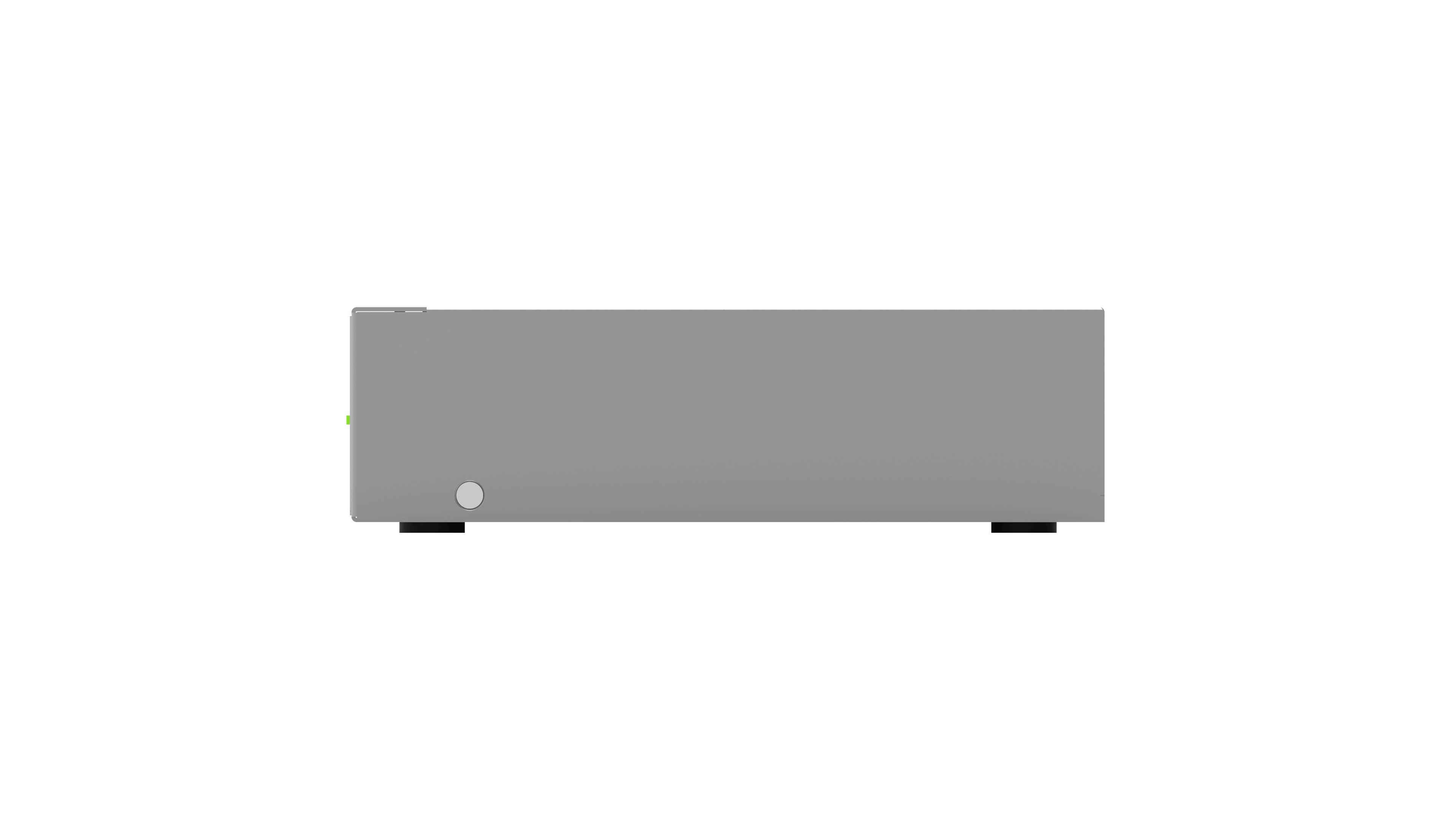 A grey rectangular computer server viewed from the front, with a small green LED light in the top left corner and a white round button in the bottom left.