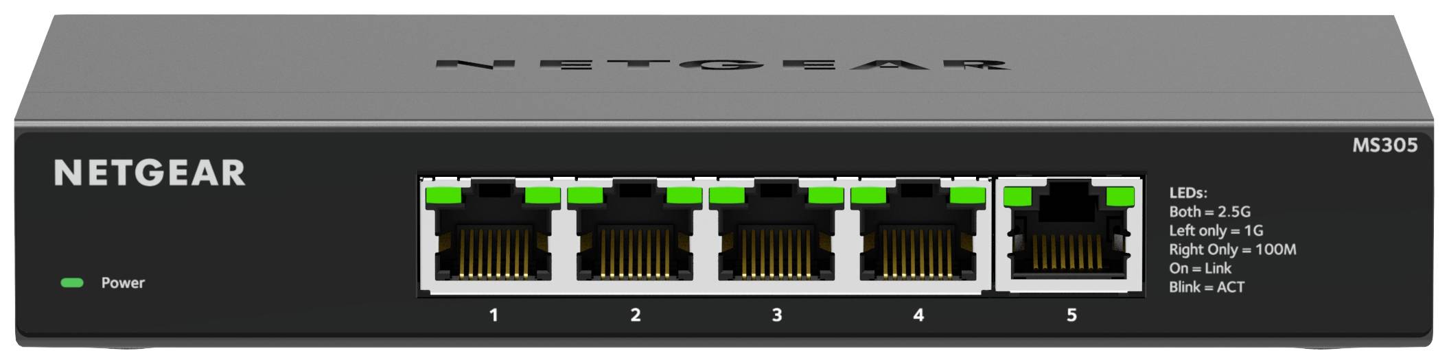 'NETGEAR M5305 5-Port Gigabit Switch' in Black with five Ethernet ports, suitable for network expansion and rapid data transfer.