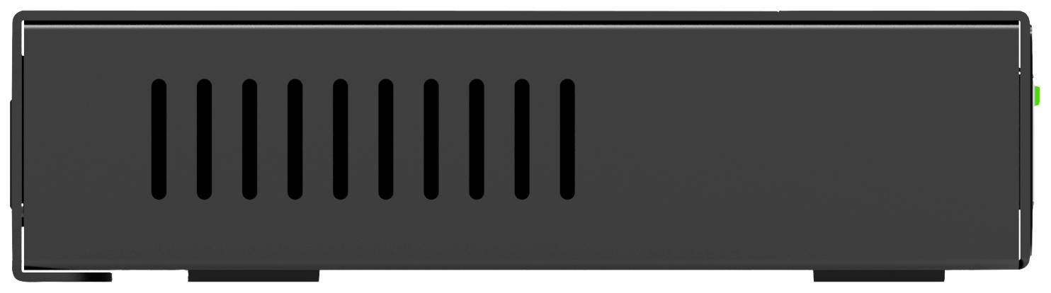 Black electronic device with ventilation slots at the front, possibly a receiver or distribution unit.