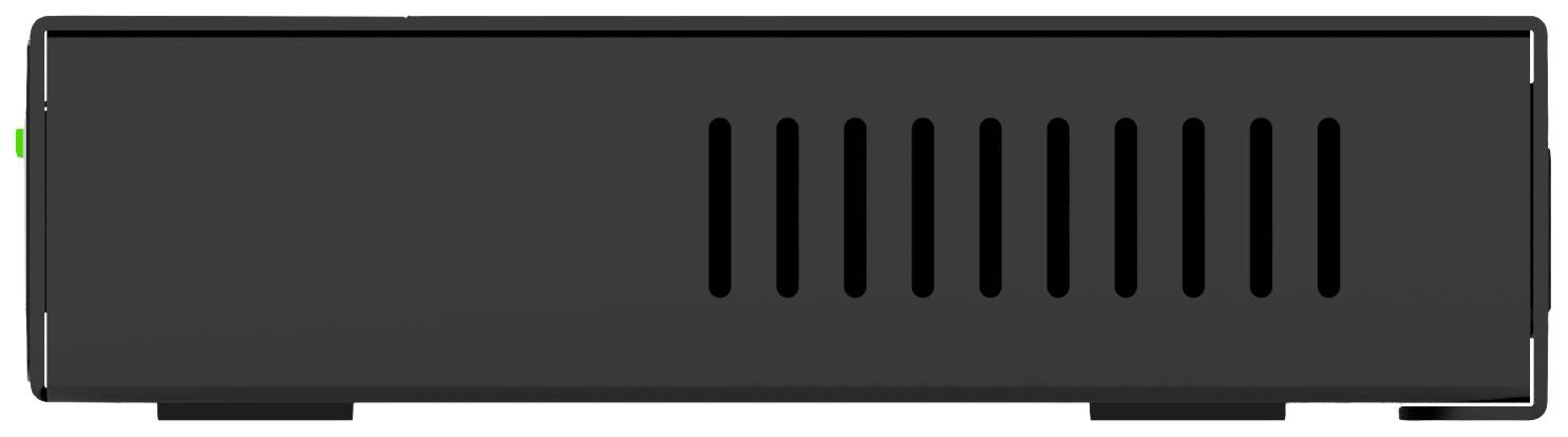 A black, rectangular electronic box with ventilation slots on one side.