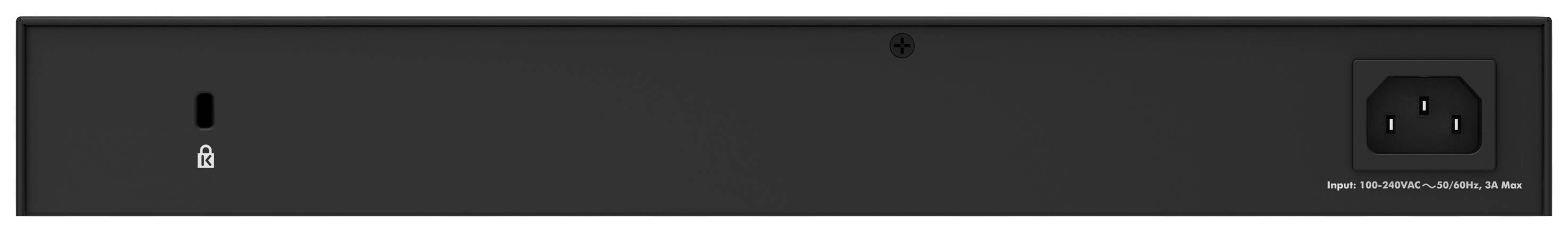 The rear side of a black electronic device with a power connection on the right side and a small square symbol on the left.