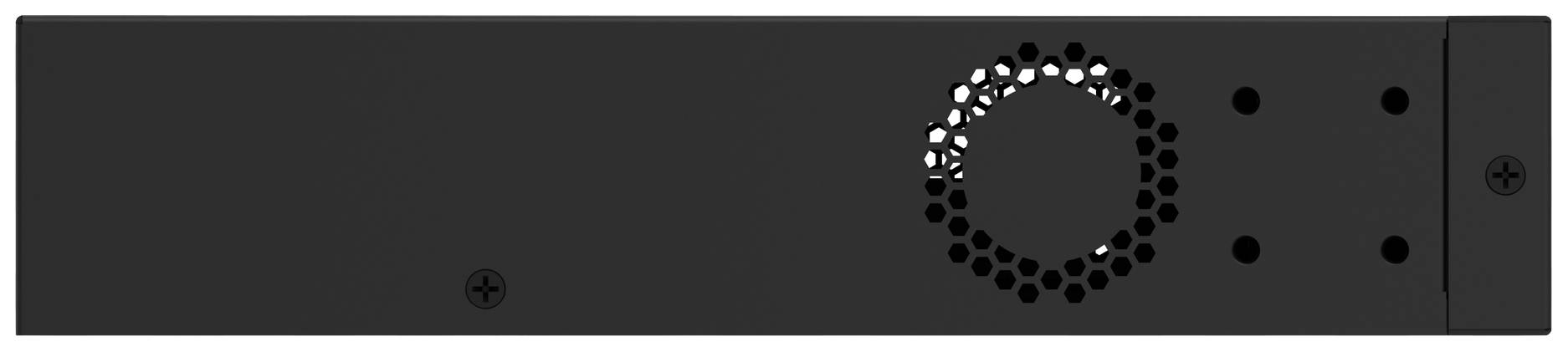 A black metal enclosure with ventilation grille and two screws on the side.