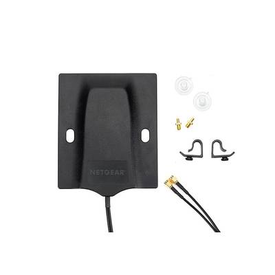 Black antenna with Netgear logo, two cables, two suction cups, and two mounting clips, suitable for installation or extension of devices.