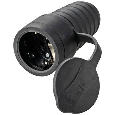 Black earthed plug with removable cover, suitable for secure electrical connections in indoor and outdoor environments.
