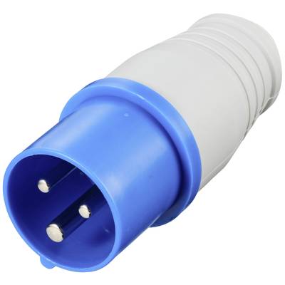A blue three-pin plug with a grey casing. It is used for electrical connections.