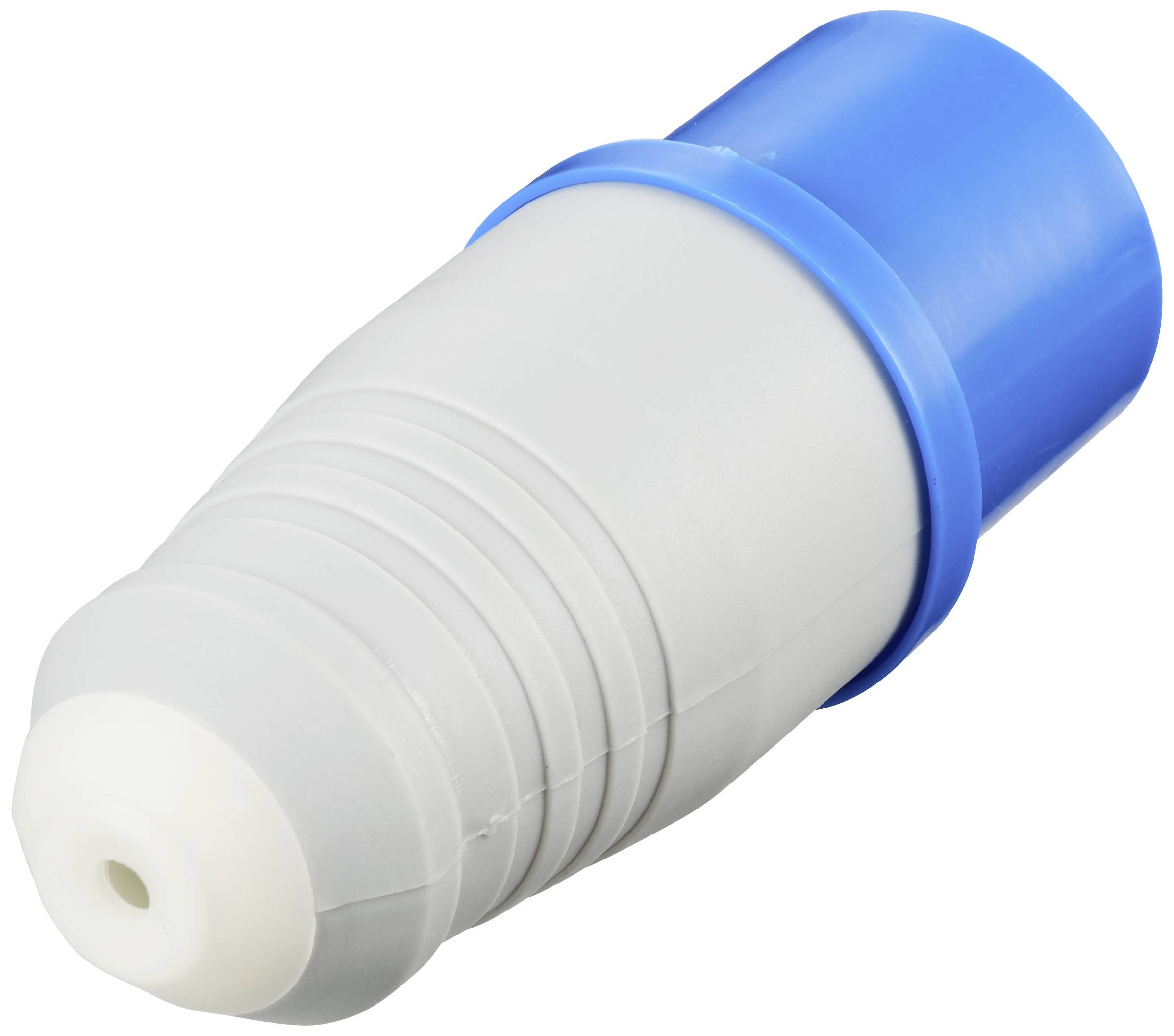 A blue and white electric plug adapter with a ribbed body, suitable for sockets with precise fitting.