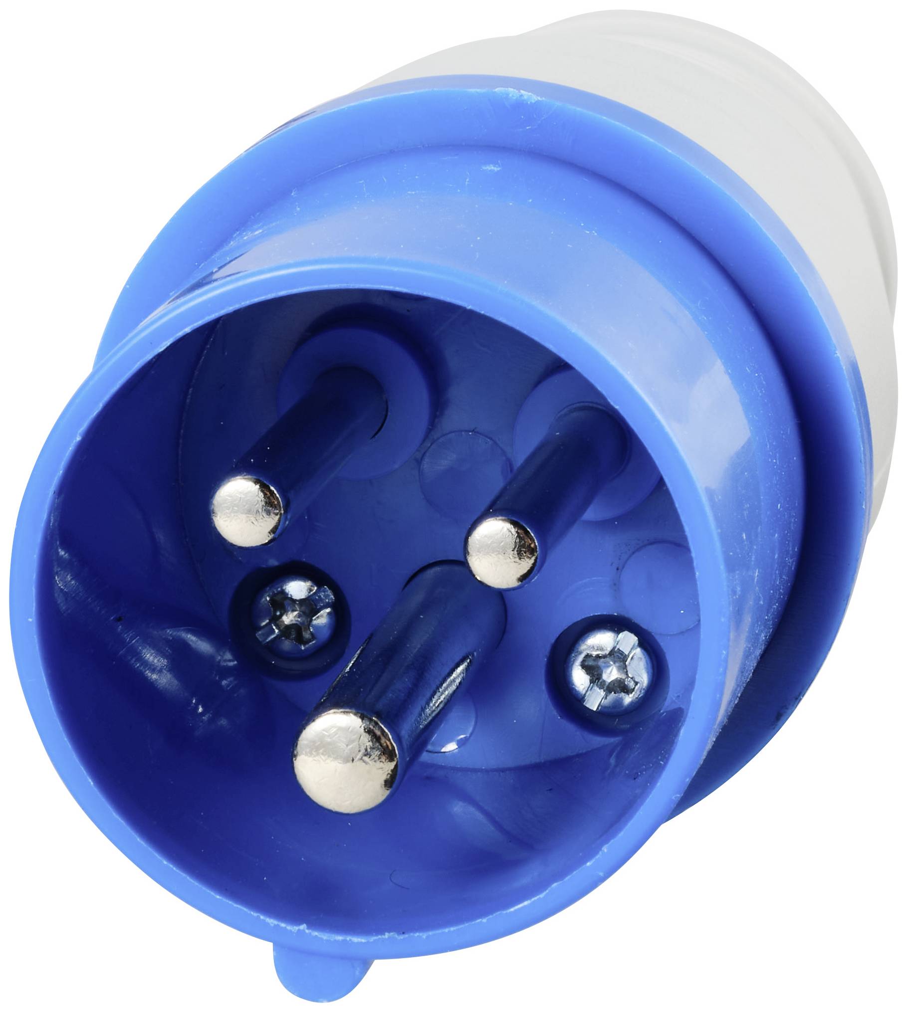 A blue, three-pin plug with metal contacts, typical for industrial applications.