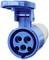 A blue 16A CEE socket, also known as a caravan plug, with an open cover, shows three circular connection openings.