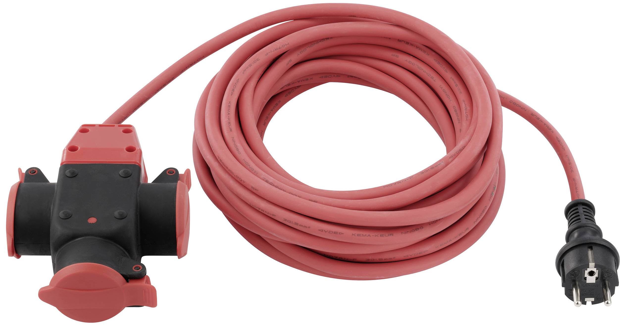 Red extension lead with multi-socket outlet and plug. Suitable for use indoors or outdoors for power supply.