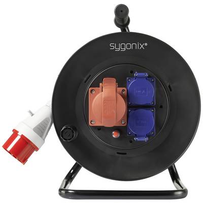 A black cable reel with one red and two blue sockets, standing on a metal stand. Brand name 'sygonix' visible at the top.