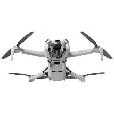 A grey drone with four propellers and a camera, marked 'MINI 4 PRO', flies head-on.