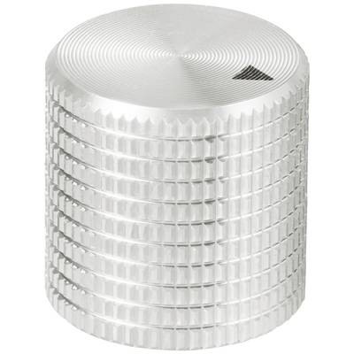 A cylindrical, metallic rotary knob with a ridged surface and a small triangular mark on the top.