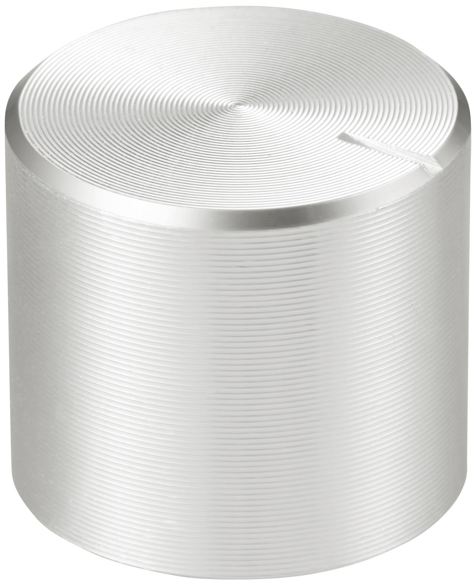 Cylindrical aluminium button with a ribbed texture and indentation on top, suitable for controlling electronic devices.