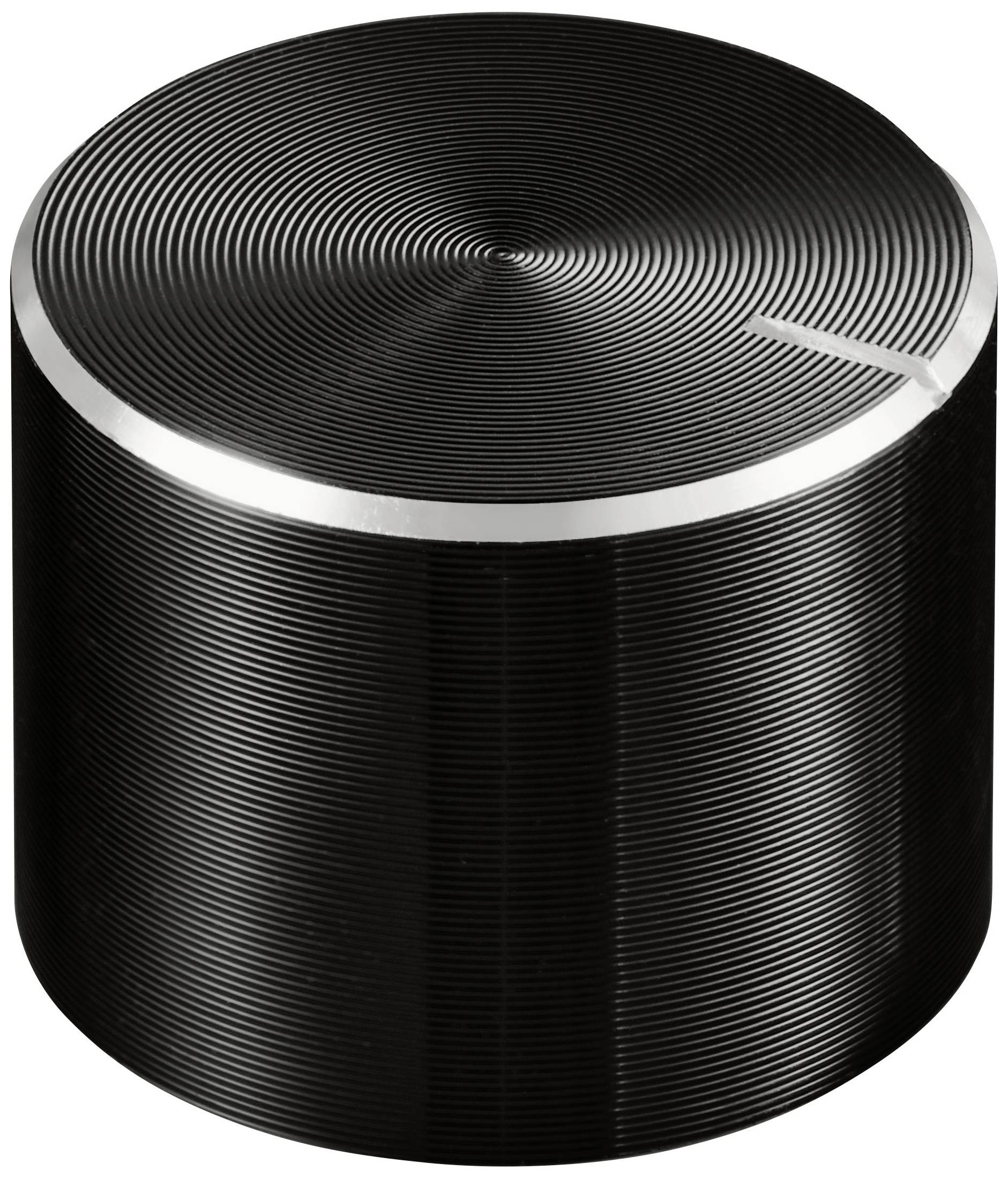 Cylindrical volume control with a grooved, black surface and silver rim. A fine marker indicates the position.