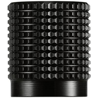 A cylindrical, black object with a textured surface pattern, potentially a mechanical or industrial component.