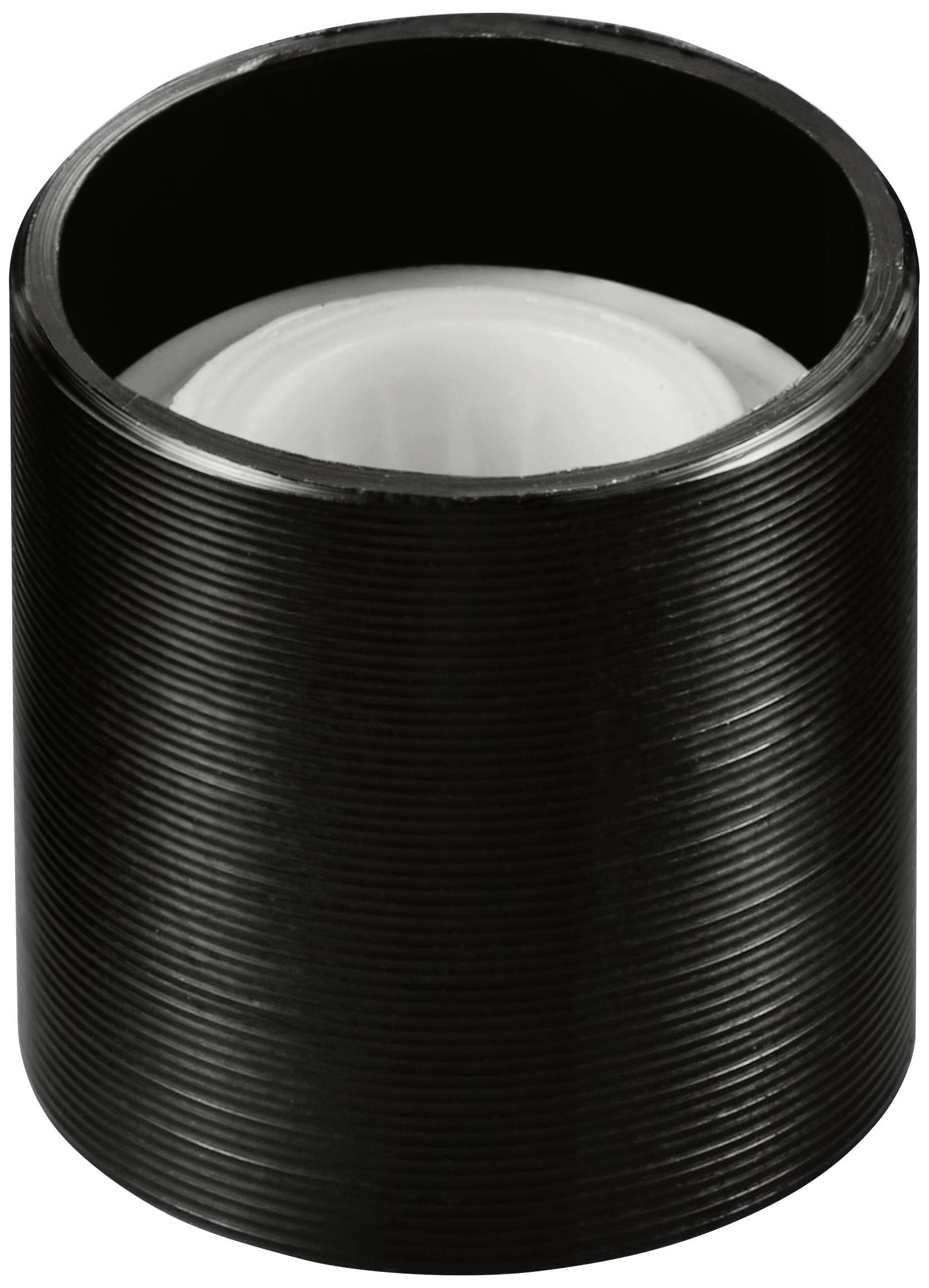 'Black, cylindrical plastic sleeve with a ribbed surface and a white inner core.'