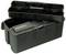 Black plastic tool box with removable upper tray and marked logo. Open, showing interior compartments.