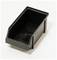 Black plastic storage box, rectangular, slightly tilted forward, lidless, against a light background.