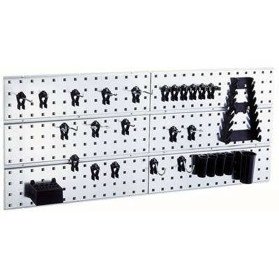 Tool wall with various mounting brackets, hooks, and containers for organised storage of tools and accessories.